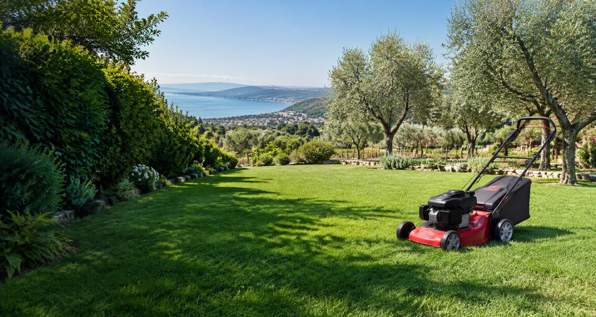 Zeytin ağaçları arasında bahçe ve çim biçme makinesi